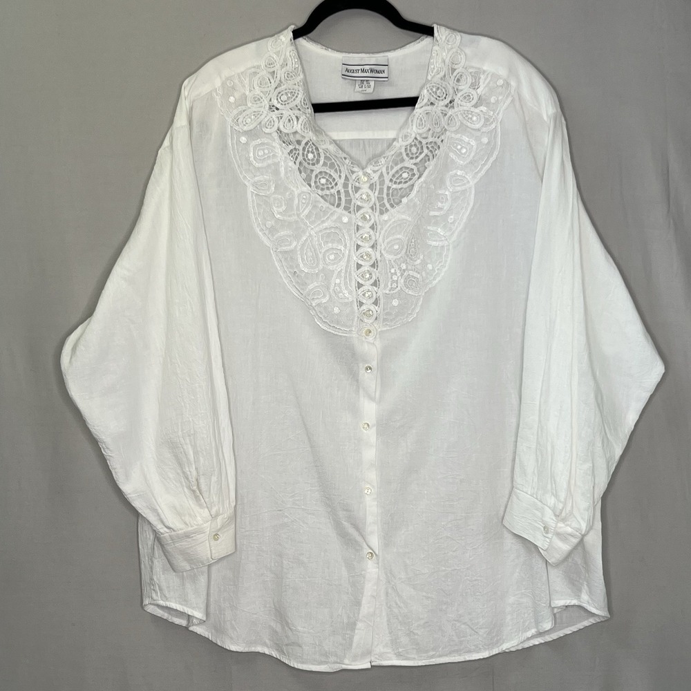 VTG August Max Woman Button Down Blouse Lace Collar White Plus Szโ 22W
